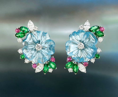 Raymond C. Yard, Aquamarine, Diamond, Tsavorite, Pink Sapphire, Platinum Earclips