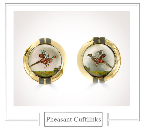 Raymond C Yard, Crystal, 18K Gold, Pheasant Cufflinks